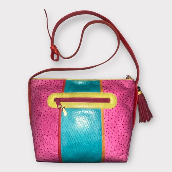 VTG Sharif Purse Multicolor Exotic Mixed Leather Crossbody Bag 80s USA Adjustabl - Picture 4 of 9